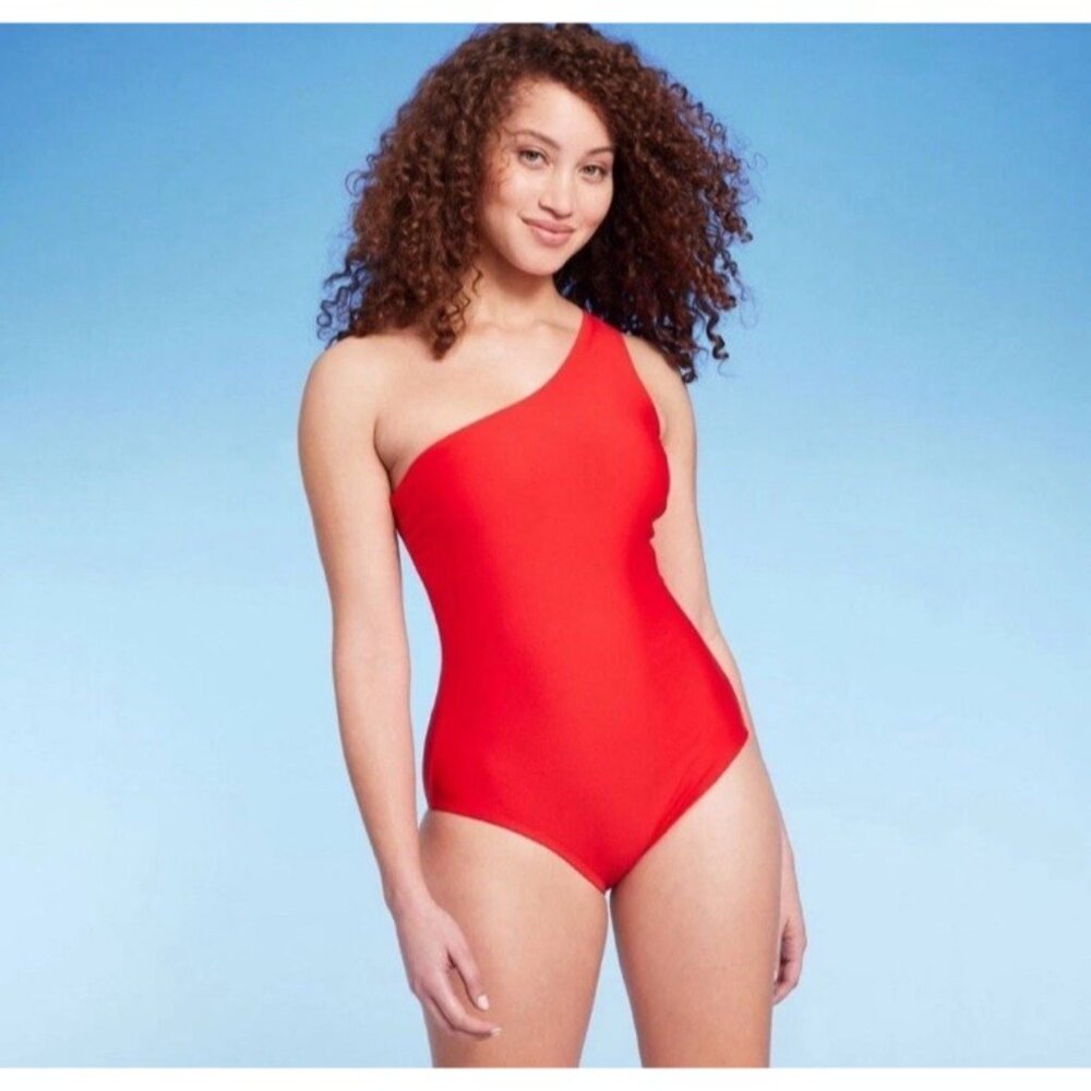 Kona Sol Women's One Shoulder Swimsuit Red Tummy Control Size M 8-10 New